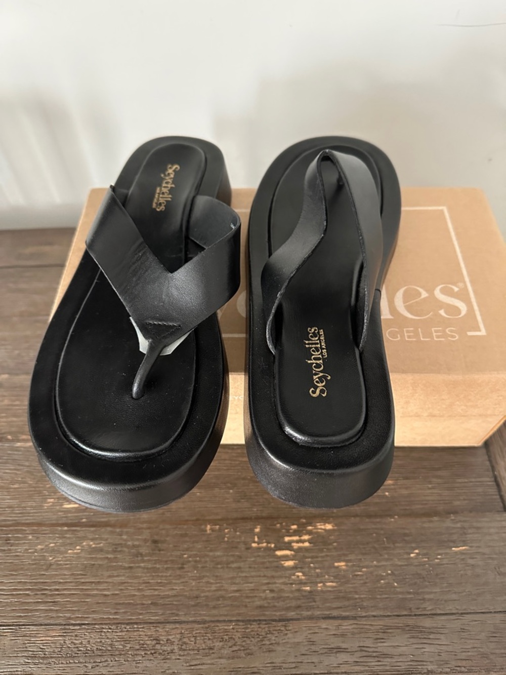 Seychelles Black Platform Thong Sandals with Wide Crossover Strap